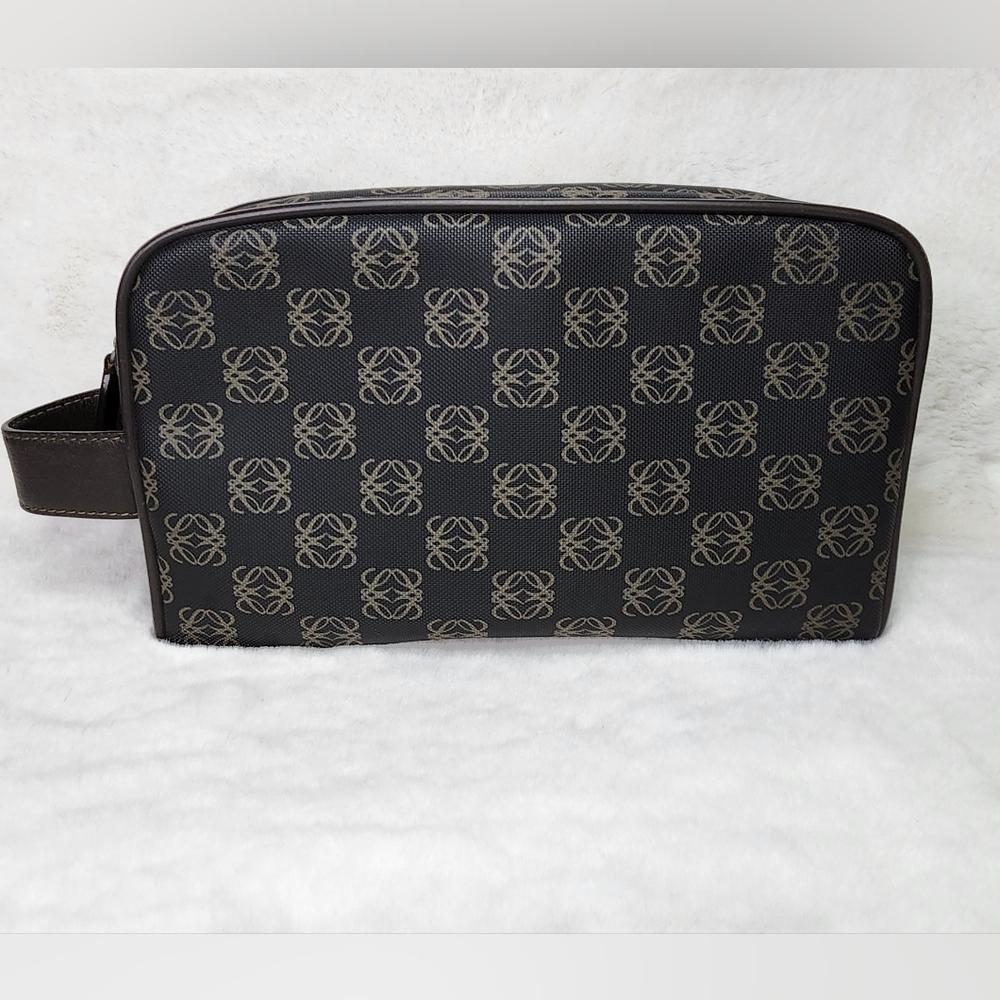 LOEWE Clutch Bag repeat Anagram Gray PVC Brown Leather Silver Zipper